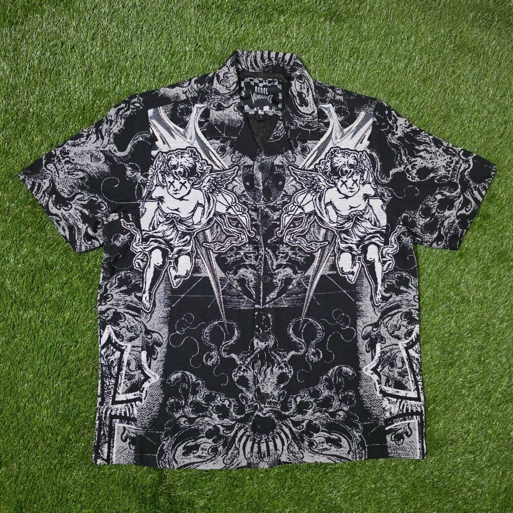 Rebel Vengeance Gothic Baroque Graphic Camp Button Up Shirt Men's Sz Large New